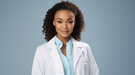 Professional woman with short hair wearing glasses and a white lab coat , smiling confidently with her arms crossed, against a colored background.