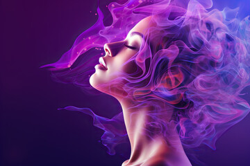 Mental health concept. Beautiful woman face with purple smoke on her head. Generated by artificial intelligence