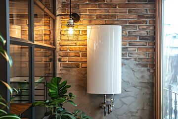 
Sleek modern water heater mounted on a bathroom wall, essential for comfort living. - 705189992