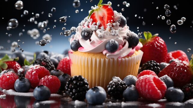 Scrumptious cupcake with fresh raspberries and blackberries