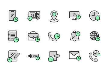 E-Commerce set of web icons thin outline green  icons pack. Online shopping icons for web and mobile app. Business, mobile shop, digital marketing, bank card, gifts, sale, delivery. Vector illustratio