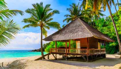 Fototapeta premium Palm-fringed Perfection: A Beachside Getaway in a Tropical Bungalow