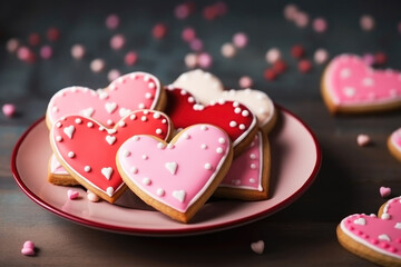 Decorated heart shaped cookies on the plate close up