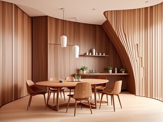 Modern dining room with minimalist interior design and an arching wall covered in abstract wood paneling.
