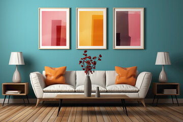 A minimalist interior with walls painted in various colors, accompanied by blank empty frames, creating an understated yet customizable atmosphere.