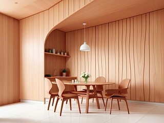 Modern dining room with minimalist interior design and an arching wall covered in abstract wood paneling.