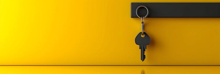 Real estate concept with a key ring and keys on a bright yellow background. 3D rendering - obrazy, fototapety, plakaty