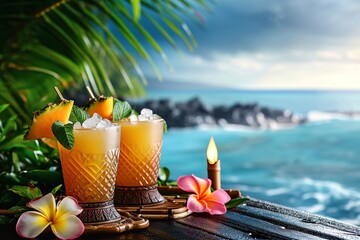 Tropical Tiki Bar Scene with Ocean View

 - obrazy, fototapety, plakaty