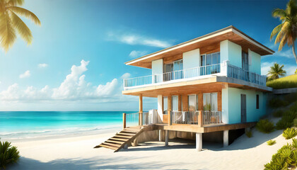 Fototapeta premium House on the beach with palm trees. Conceptual image. 