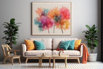 A bright and airy interior living room mockup with solid colorful accents and an empty frame on the wall, creating a modern and refreshing backdrop for your messaging.