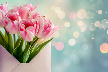 Elegant pink tulips in white paper envelope, spring bloom. Soft light on pink white tulips against bokeh background. Fresh tulips in pastel tones, festive floral arrangement. Greeting card template