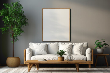 Transform your living room into a sanctuary of creativity. Envision an empty frame in a simple mockup, providing a clean canvas for your ideas to come to life in a minimalist setting.