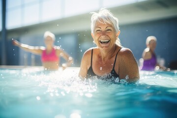 Ecstatic elderly female having fun in swimming pool with friends