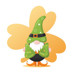 Gnome character with green hat and green bow, lucky trifoglio, clover on back for st patrick's day