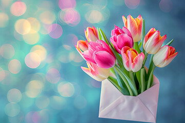Tulips peering from envelope against magical bokeh background. Vivid tulips in mail, ethereal background. Envelope with tulips, enchanting light play. Women's Day greeting card - obrazy, fototapety, plakaty