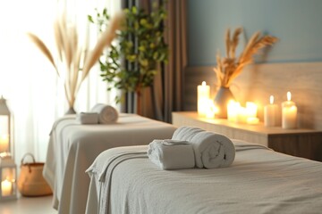 Serene Spa Setting with Massage Tables and Tranquil Decor