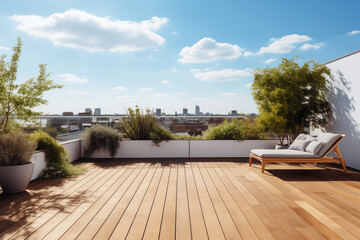 Empty outdoor roof terrace with potted plants in minimal style - Powered by Adobe