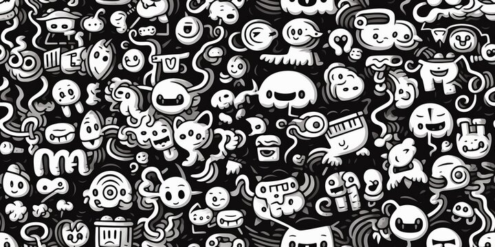 Monsters doodle seamless pattern background, black and white.