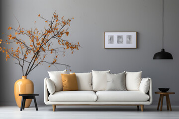 Transport yourself to a minimalist paradise with a white sofa, a modern black floor lamp, and a stylish potted branch against a pristine white wall in a Scandinavian-inspired modern living room. 