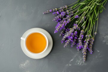 Morning Tea with Lavender Bouquet on Stone Table - Flat Lay