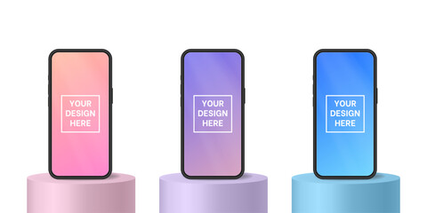 Smartphones standing on podiums. Phone screen mockup for your design. Purple, pink and blue abstract gradient backgrounds. Product display. Device front view	