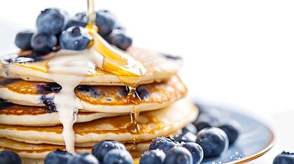 Pancakes with banana, blueberry and maple syrup for a breakfast on wooden background, creamy sweet breakfast, copy space.