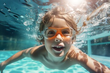 a child, a boy, swims in the pool wearing goggles for swimming underwater. water treatments, a kind of sport. - obrazy, fototapety, plakaty