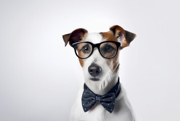 Smart dog Jack russell  in black  glasses, on light gray background. Education concept.