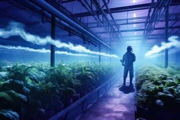 Growing vegetables in closed greenhouses with ultraviolet lighting. A stock photo capturing the modern approach to controlled and efficient agriculture - obrazy, fototapety, plakaty