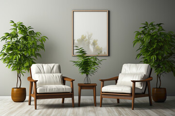 Two chairs and a table with a cute little plant, arranged against a simple solid wall with a blank empty white frame, providing an ideal space for relaxation and contemplation.