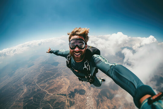 Happy Man Jumped From The Plane With A Parachute Smiles And Gets Adrenaline In The Sky