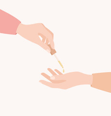 Two female hands with pipette of face serum. Flat vector illustration