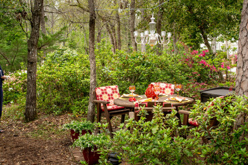 Fun outdoor al fresco dining setup with chandelier in the trees set among the garden and forest with tall trees and romantic scenery