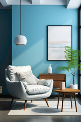 Visualize a contemporary living room where a white armchair takes center stage against a vibrant blue wall, adorned with a mock-up poster offering ample copy space. 