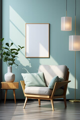 Visualize a contemporary living room where a beige armchair takes center stage against a serene blue wall, adorned with a mock-up poster that provides an opportunity for creative expression. 