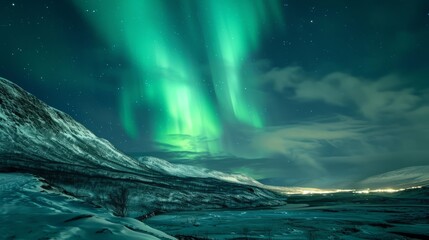 A photo of northern lights on the lake in the mountains