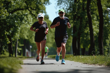 Fototapeta premium Elderly people, a couple of men and women jogging walking in the park