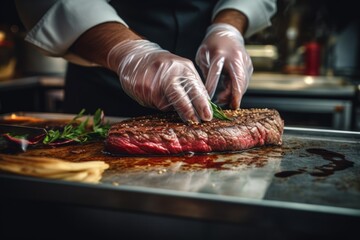 hands of a chef who decorates a steak for serving in a restaurant - obrazy, fototapety, plakaty