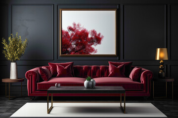 Visualize a luxurious living room featuring a dark red sofa and a suitable table against an empty blank frame, providing an ideal canvas for copy text.