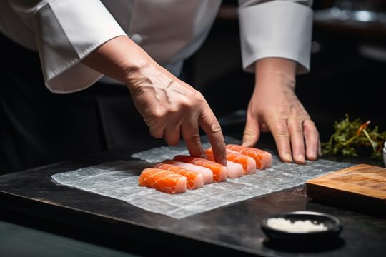 hands of a chef who prepares traditional Japanese sushi in a restaurant