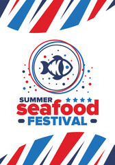 Seafood Summer Festival. Fish and Chips party. Family holiday event, happy celebration. Ocean and sea food. Healthy eating, outdoor barbecue. Vacation with delicious snack. Vector illustration