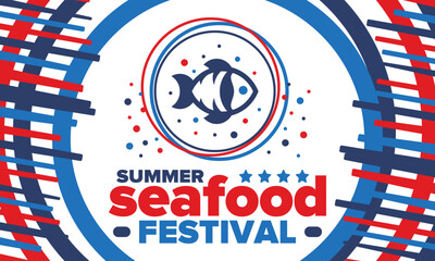Obraz premium Seafood Summer Festival. Fish and Chips party. Family holiday event, happy celebration. Ocean and sea food. Healthy eating, outdoor barbecue. Vacation with delicious snack. Vector illustration