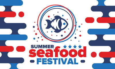 Seafood Summer Festival. Fish and Chips party. Family holiday event, happy celebration. Ocean and sea food. Healthy eating, outdoor barbecue. Vacation with delicious snack. Vector illustration