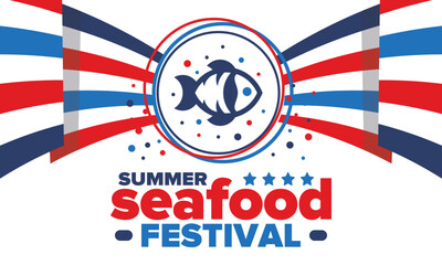 Seafood Summer Festival. Fish and Chips party. Family holiday event, happy celebration. Ocean and sea food. Healthy eating, outdoor barbecue. Vacation with delicious snack. Vector illustration