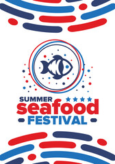 Seafood Summer Festival. Fish and Chips party. Family holiday event, happy celebration. Ocean and sea food. Healthy eating, outdoor barbecue. Vacation with delicious snack. Vector illustration