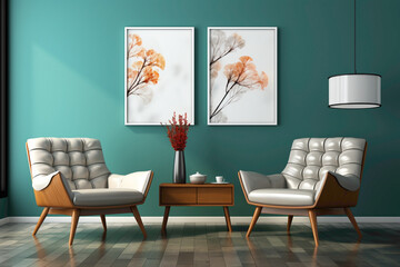 Visualize a minimalist arrangement featuring brown and teal chairs against a clean background. Picture an empty frame on the wall, ready to showcase your creativity in this simple and inviting space.