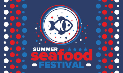 Fototapeta premium Seafood Summer Festival. Fish and Chips party. Family holiday event, happy celebration. Ocean and sea food. Healthy eating, outdoor barbecue. Vacation with delicious snack. Vector illustration