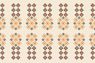 Ethnic geometric fabric pattern Cross Stitch.Ikat embroidery Ethnic oriental Pixel pattern brown cream background. Abstract,vector,illustration. Texture,clothing,frame,motifs,silk wallpaper.