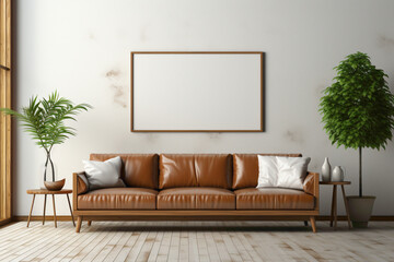 Visualize a minimalist living room featuring a brown sofa and matching table against an empty blank frame, providing a versatile space for personalized text.
