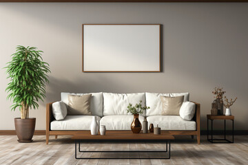 Visualize a minimalist living room featuring a brown sofa and matching table against an empty blank frame, providing a versatile space for personalized text.